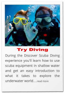 Try Diving During the Discover Scuba Diving experience you'll learn how to use scuba equipment in shallow water and get an easy introduction to what it takes to explore the underwater world……read more